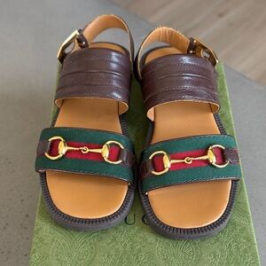 Kids Brown Leather Sandals with Green & Red Accent